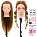 28Inch Mannequin Head with 80% Real Human Hair- Cosmetology Mannequin Head with Hair for Makeup Braiding Curling Cuting, Make up Doll head for Styling with Table Clamp Hair Styling Set (Blonde)