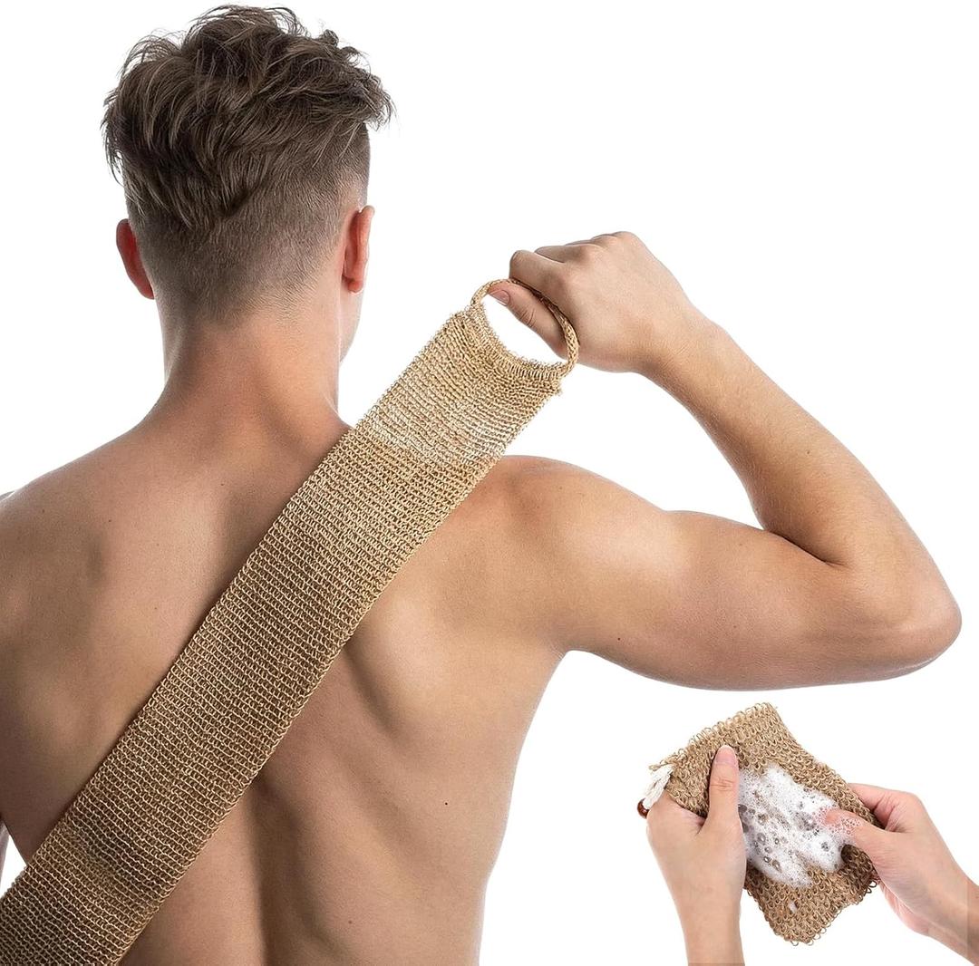 Thinp Natural Loofah Back Scrubber, Extra Rough Exfoliating Back Scrubber with Handle for Men Women-Back Exfoliator for Shower Long Durable Deep Cleansing, with Soap Saver Bag
