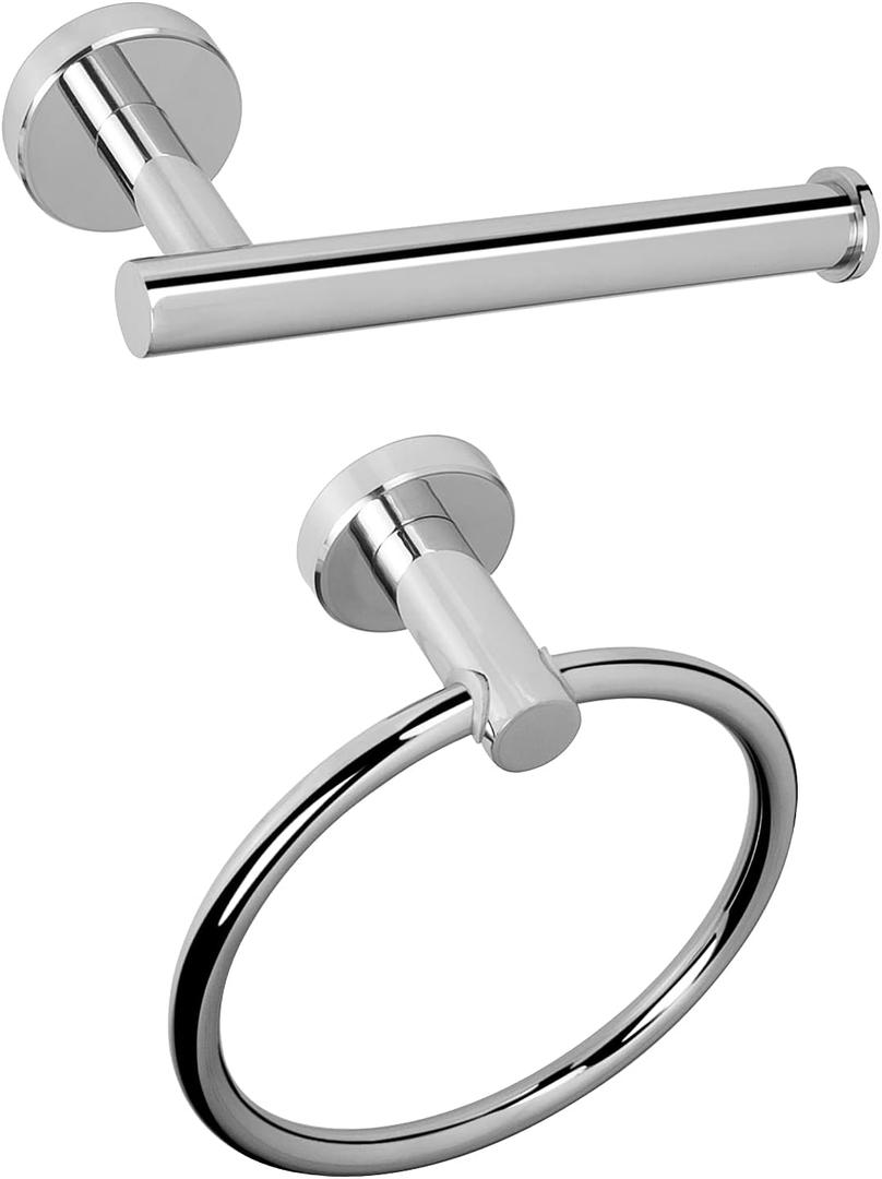 NearMoon 2 Pieces Bathroom Hardware Accessories, Towel Ring and Toilet Paper Holder- Stainless Steel Bath Towel Hanger and Hand Towel Holder, Wall Mounted (Chrome Finish)