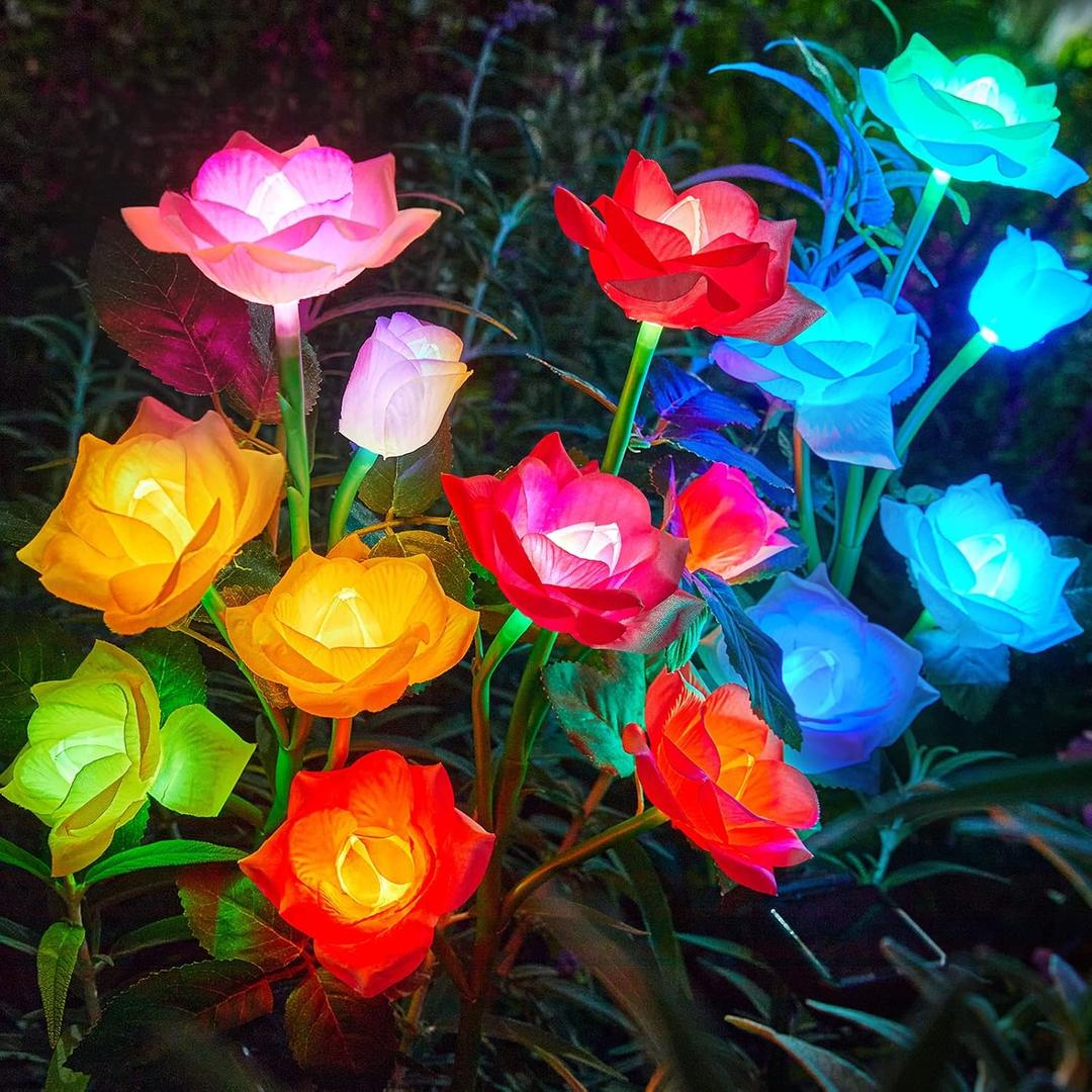 Solar Garden Lights, 6 Pack Upgraded Garden Decor LED Lights with 30 Rose Flowers, IP65 Waterproof 7 Color Changing Flowers, Outdoor Solar Lights for Garden Decorations, Gifts for Valentine's Day