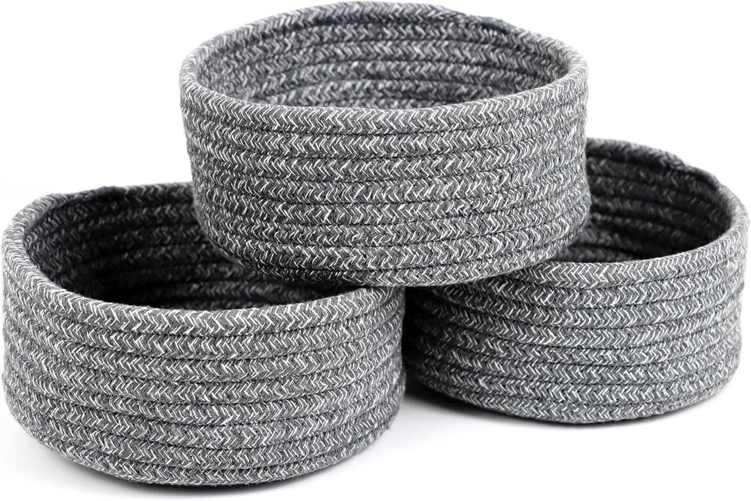 Small Basket, Set of 3 Small Woven Basket, Rope Baskets for Gifts, Cute Mini Tiny Baskets for Organizing Decor Nursery, Decorative Boho Round Storage Basket Bathroom Organization Bin (Grey)