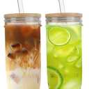 24 oz Glass Cups Set - 2 Pack Glasses Drinking Set with Leakproof Bamboo Lids & Glass Straws, Clear Kitchen Glasses Tumblers for Iced Coffee, Juice and Smoothie