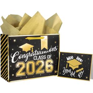 Loveinside 13" Large Black & Gold Graduation Gift Bag, Gold Foil Class of 2026 Congratulations Design Gift Bag with Tissue Paper, Card, Tag for Graduates, Graduation Party, 13" x 5" x 10", 1 Pcs