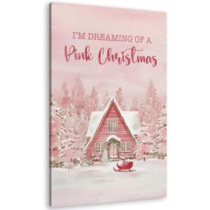 TLESKE Pink Winter Christmas Wall Art Decor, I'm Dreaming of a Pink Christmas Canvas Wall Art Print for Teen Girl Dorm Bedroom Living Room, Snowy Woodland House Wall Artwork Picture, 16x24