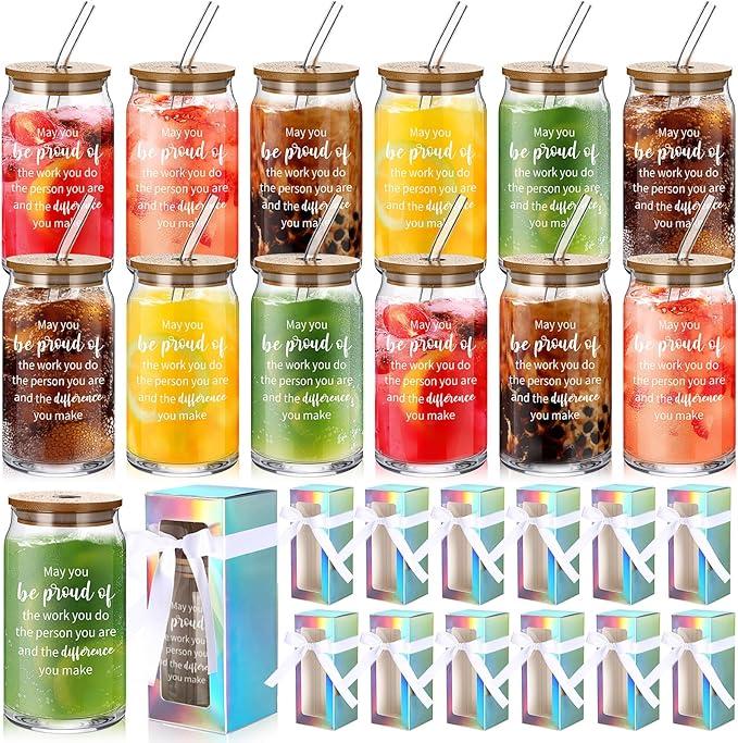 Layhit 12 Set Employee Appreciation Gifts Bulk You Are Awesome Glass Cups for Staff Coworker 16 oz Can Shaped Beer Glass with Lids Straws Brushes Boxes Ribbon for Nurse Teachers Day Housekeeping Week