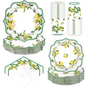 250Pcs Lemon Party Decorations Green Lines Lemon Plates and Napkins Yellow Lemons Theme Birthday Tableware Set for Spring Summer Lemons Bridal Shower Baby Birthday Party Supplies, Serves 50
