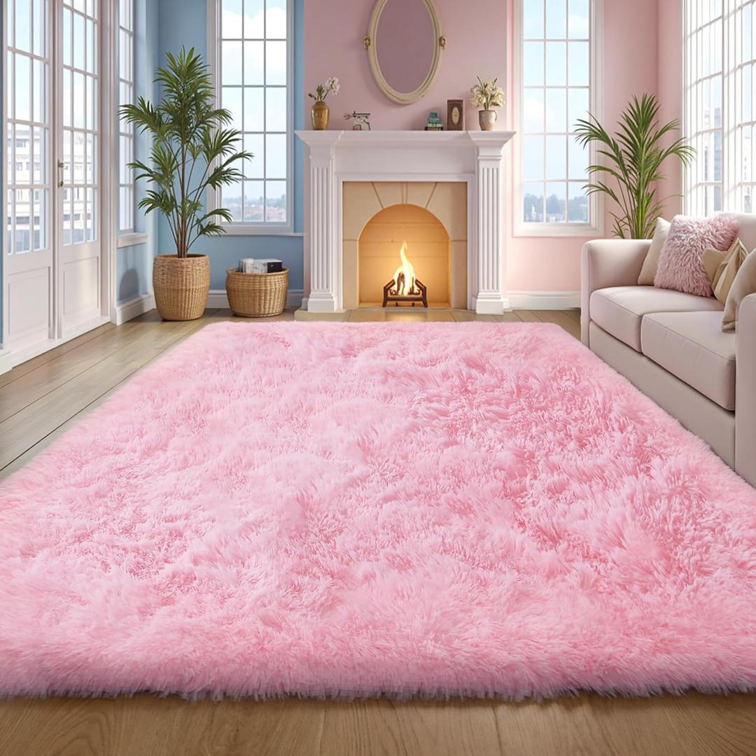 Pink Fluffy 8x10 Large Area Rugs for Bedroom Living Room Girls, Soft Washable Fuzzy Furry Shag Rug for Kids Room, Nursery, Dorm Decor, Cute Plush Carpet for Baby Toddler