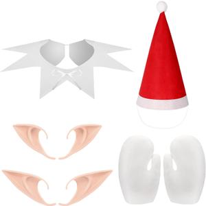 Toulite 4 Pcs Christmas Elf Costume Accessories, Red and White Elf Hat Collar Gloves Fairy Pixie Ears Set for Xmas Party Cosplay