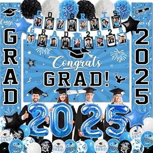 2025 Graduation Decorations, Light Blue Themed Class of 2025 Decorations Set, Congrats Grad Backdrop, Photo Banner, Door Banner, Balloons and Pom Poms Supplies for High School College Graduation Party