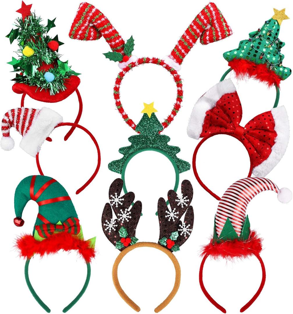URATOT 9 Pack Creative Holiday Headbands Christmas Party Costume Headwear Elves Party Hats Reindeer Headbands for Christmas Accessory