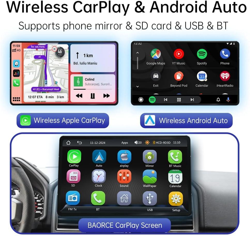Portable Touch Screen with Apple CarPlay & Android Auto, Wireless Portable Stereo with Navigation/Voice Control/Airplay, Car Play Screen for Van Pickup Truck SUV