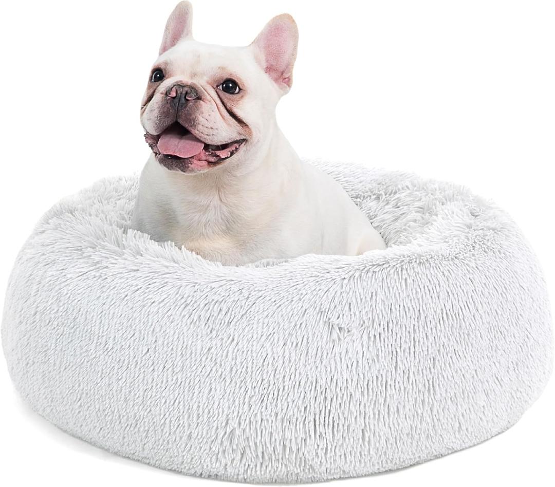 Bedsure Calming Dog Bed for Medium Dogs - Donut Washable Medium Pet Bed, 30 inches Anti-Slip Round Fluffy Plush Faux Fur Cat Bed, Fits up to 45 lbs Pets, Frost Grey