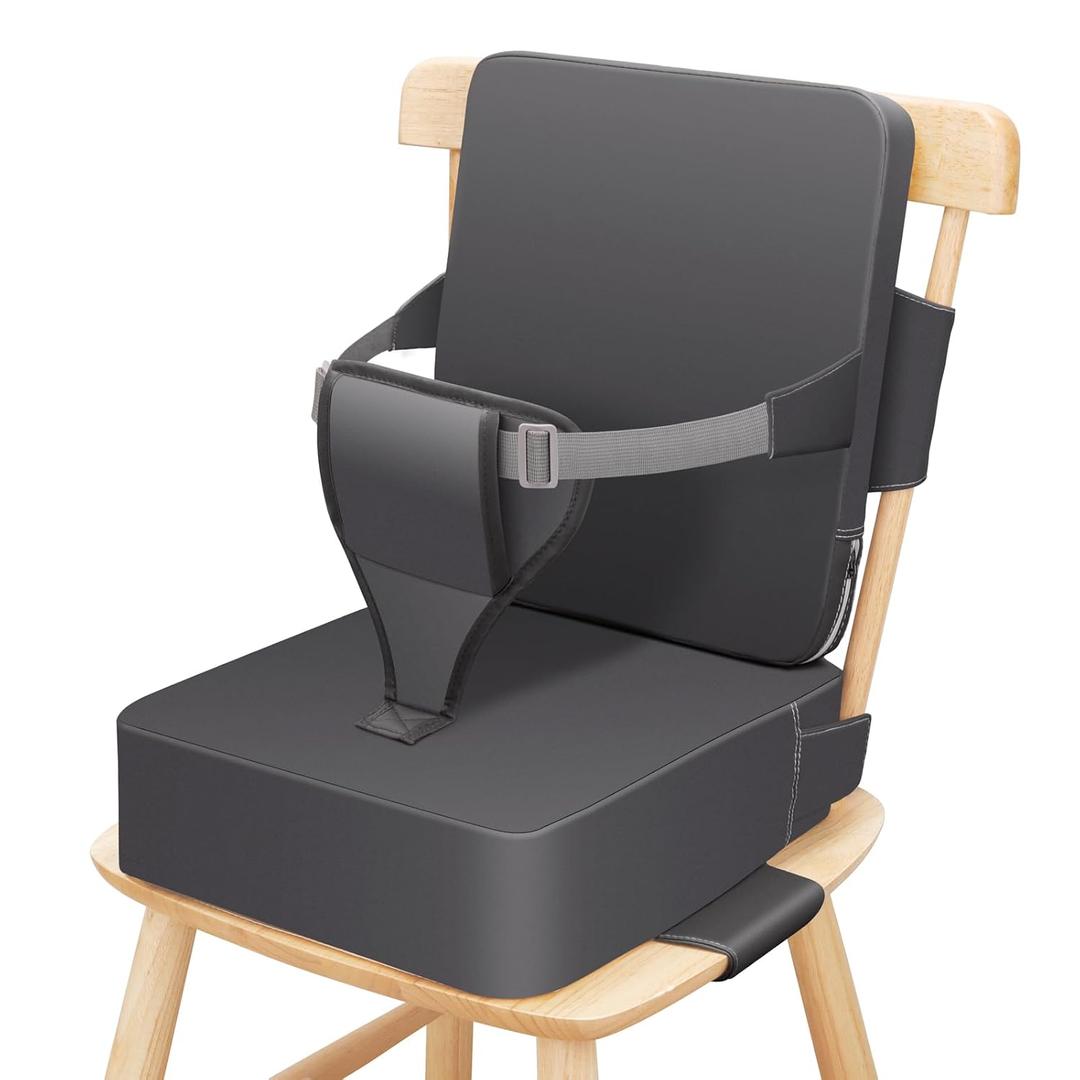 Toddler Booster Seat for Dining Table, Non-Slip Kitchen Chair Booster Seat with Backrest and Adjustable Straps, Portable PU Waterproof Travel Baby Booster Increasing Cushion (Dark Gray)
