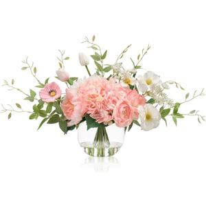 WELL KNOWN Artificial Flowers in Vase, Fake Silk Peony Tulip Hydrangea Pink & White Flower Bouquet Arrangement with Faux Water Centerpieces for Home Wedding Dining Table Party Decor & Gift for Women