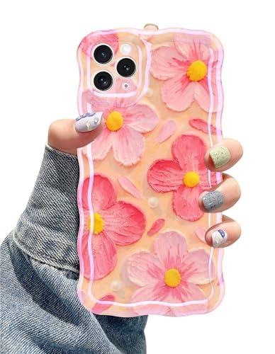Jusy Case for iPhone 11 Pro Max, Colorful Retro Oil Painting Printed Flower Laser Blue Glossy Pattern Cute Curly Wave Phone Case Soft TPU Cover for Girly Women - Flowers