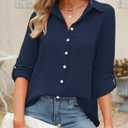 Odosalii Womens Button Down Shirts V Neck Rolled Up Long Sleeve Tops Elegant Dressy Blouses Business Casual Outfits (Blue, L)