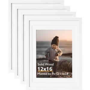 KINLINK 12x16 Picture Frame White - Solid Wood Frames with Acrylic Plexiglass for Pictures 11x14/9x12 with Mat or 12x16 without Mat, Wall Display Photo Frame, Set of 4