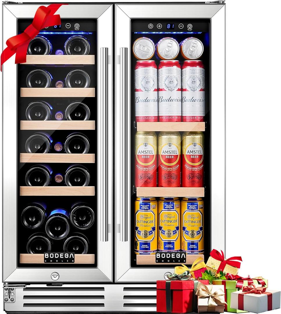 BODEGA 24 Inch Wine and Beverage Refrigerator, Dual Zone Wine and Bar Beverage Cooler, Commercial Black Bar Cooler With 2 Glass Doors, Bar Fridge Hold 19 Bottles and 57 Cans,Built-In or Freestanding. (Silver)