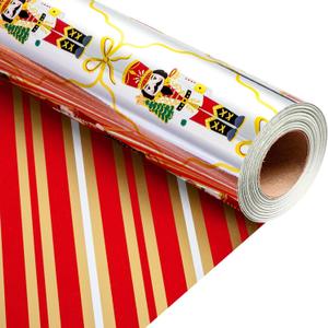 Homeral Christmas Wrapping Paper Roll - Silver Metallic Foil Shine Nutcracker and Bows & Stripe Design, Reversible Gift Wrap for Christmas, New Year Celebration - Mini Roll - 17 Inch x 33 Feet