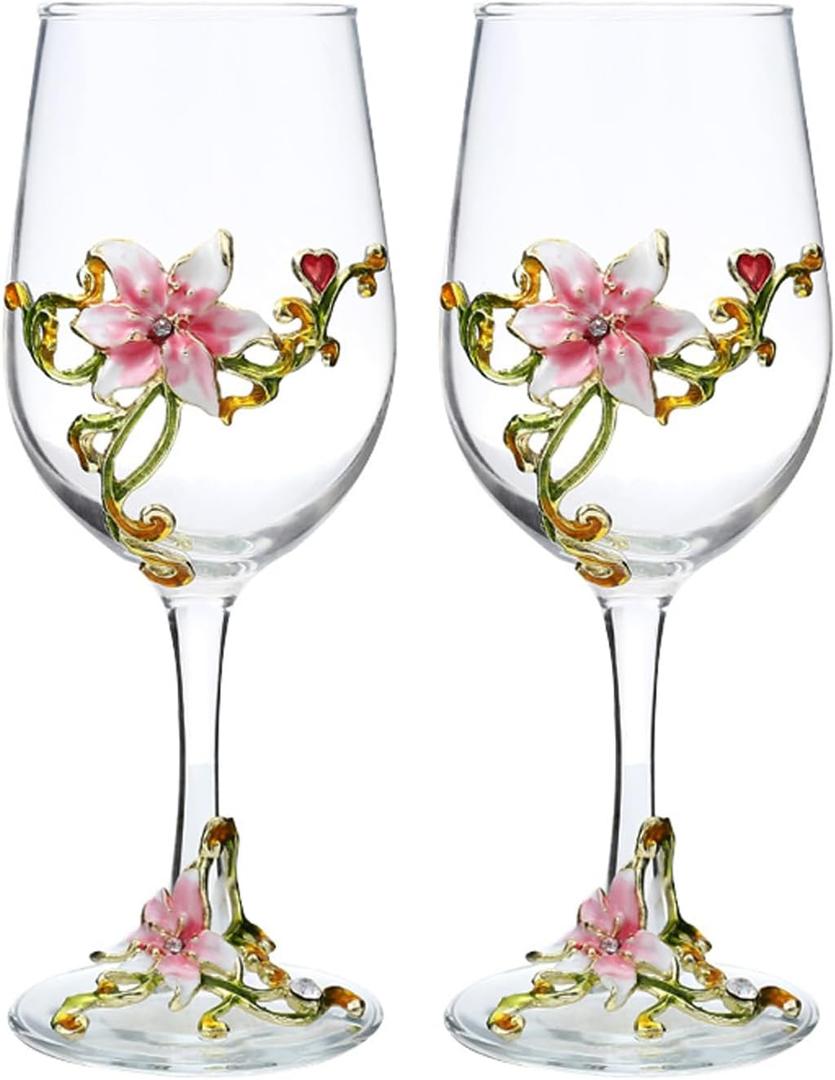 Wine Glasses Set of 2, Handcrafted Enamel Flower Red Wine Glasses Champagne Glasses Pretty Floral Goblets for Women Mom Friends Mothers Wife (Pink)