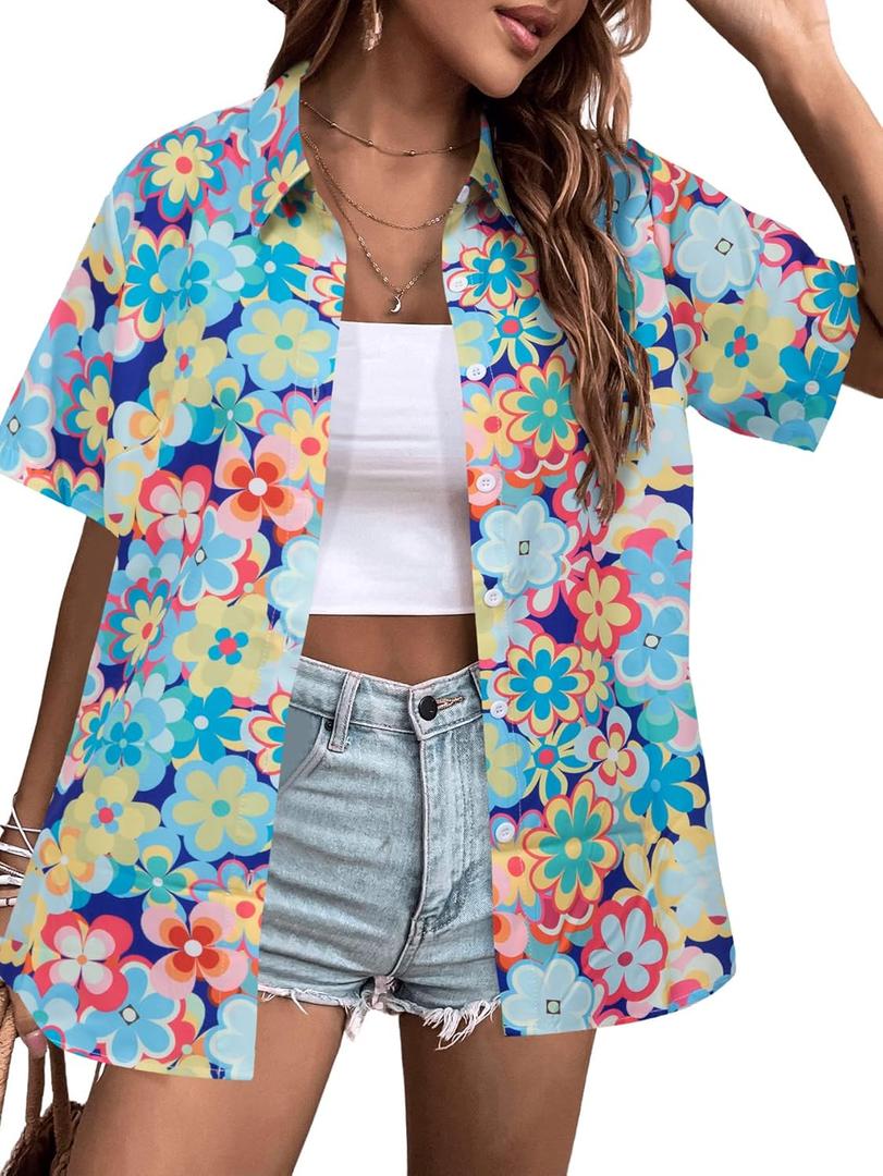 Hawaiian Shirt Woman 60s 70s Outfit Retro Disco Hippie Party Shirts Floral Button Up Short Sleeve Tops (XL)