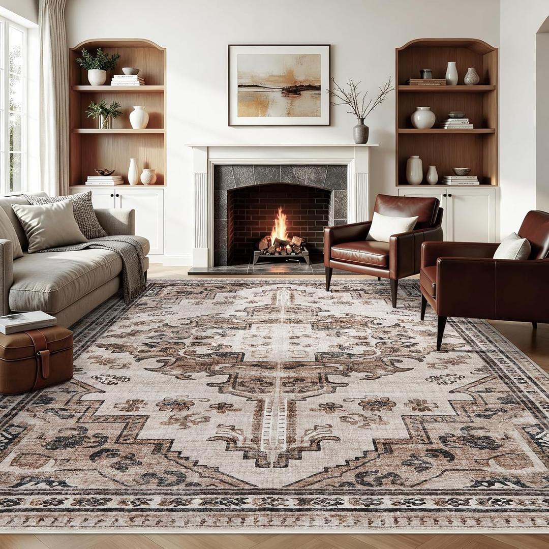 Joydeco 9x12 Area Rugs for Living Room, Non Slip Machine Washable Vintage Rug, Low Pile Chenille Print Rugs for Bedroom, Dining Room, Home Office, Pet & Child Friendly, Light Coffee
