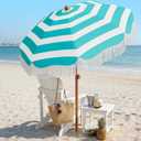 AreShark 7ft Patio Umbrella with Fringe, UPF50+ Beach Umbrella for Table, Pool & Garden, Portable Outdoor Tassels Umbrella w/Fiberglass Ribs&Push Bottom Tilt(Blue and White Stripe)