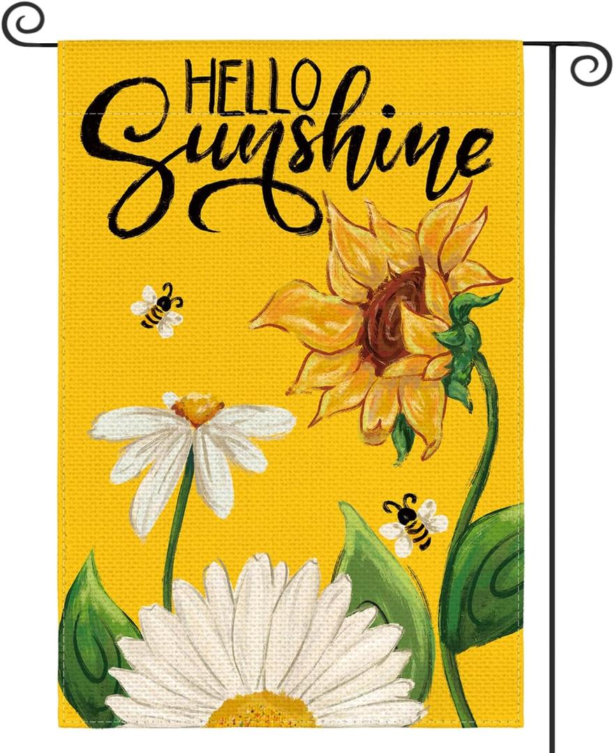 AVOIN Colorlife Daisy Sunflower Hello Sunshine Garden Flag 12x18 Inch Double Sided, Summer Seasonal Holiday Burlap Yard Outdoor Decoration Yellow