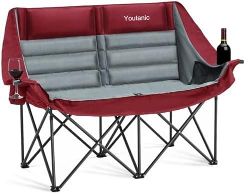 Youtanic Oversized Camping Chair, Double Folding Loveseat Camping Couch with Pocket, Cup Holder and Carry Bag, Heavy Duty Portable Camping Chairs for Adults, Fishing, Sports, Trip, up to 660lbs, Red