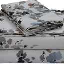 Tribeca Living Queen Bed Sheet Set, 300 Thread Count Soft Cotton Sateen, Floral Print with Extra Deep Pockets, 4-Piece Bedding Set, Lisbon Grey/Multicolor