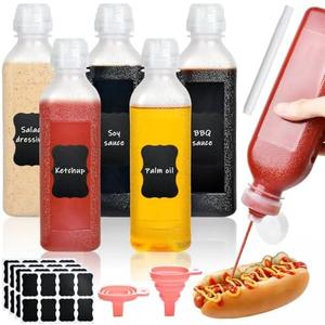Supkiir Condiment Squeeze Bottles 16oz with Flip Top Lid, 5Pcs Clear Hot Sauce Bottles for Condiments Oil Salad Ketchup, Leak Proof Condiment Container with 2Silicone Funnel 40 Chalk Labels and 1Pen