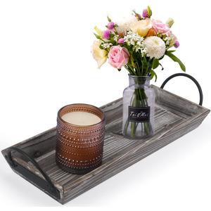 Wooden Tray Candle Holder with Black Metal Handles, Rectangular Centerpiece for Dining Table. Home Decor Accessories for Coffee Table, Kitchen Counter, Fireplace or Farmhouse.