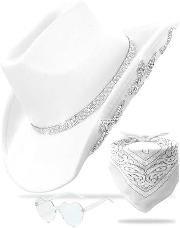 JICASTO Cowboy Hat for Women Men 6 Sparkly Stars Brim & Rhinestone Belt Western Cowgirl Hat