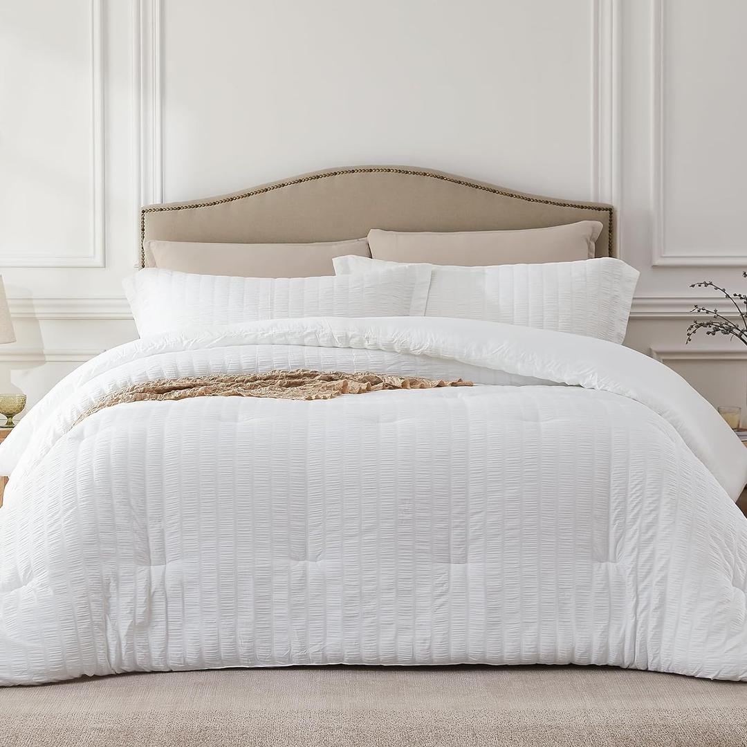 White Full Comforter Set - 3 Pieces Seersucker Lightweight Bedding Comforter Sets (1 Soft Fluffy Comforter & 2 Pillowcases) - All Seasons Cozy Modern Bed Sets for Women Men