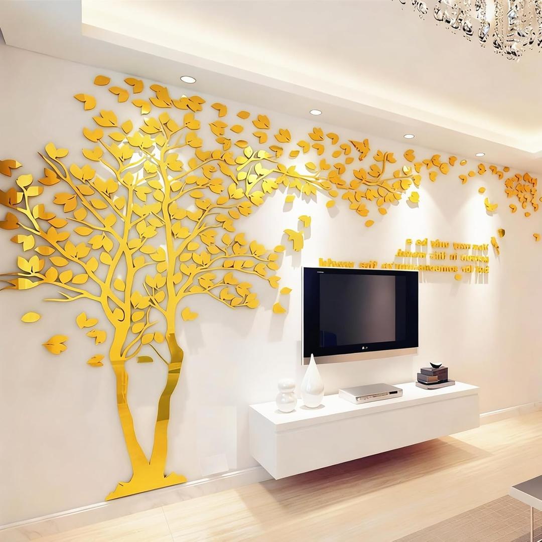 Family Tree Wall Decor Decals - DIY 3D Tree of Life Wall Art Large Decal Stickers Silver Decor Living Room Mural for Bedroom Hallway Home TV Background (Gold Left,L-118X60in)