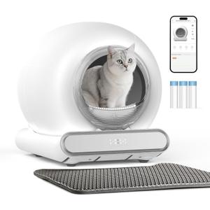 Self Cleaning Litter Box, Integrated Safety Automatic Cat Litter Box Self Cleaning 65L+9L for Multiple Cats, App Control, Odor Removal, Includes Mat & Liner (3 Rolls) - White