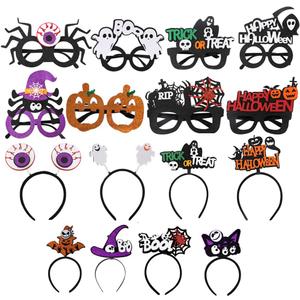 Halloween Headband and Glasses Bulk for Men Women with Pumpkin, Bat, Skull & Spider Designs, Cute Photo Booth Props