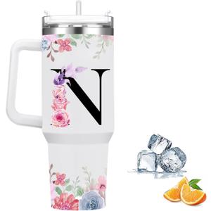 FOLAI Insulated Travel Coffee Mugs, 40oz Steel Water Bottl,Tumbler with Handle and Lid Straw,Thermal Cups for Hot and Cold Drinks Printed with Letters Personalized Unique Gifts for Women and Man(N)