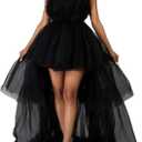 Women's High Low Tulle Dress Solid Color Sleeveless Tiered Fluffy Gown for Wedding Party Cocktail Events (Black, S)