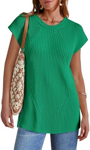 Imily Bela Womens Short Sleeve Sweater Casual Crew Neck Rribbed Knit Split Pullover Summer Tunic Tops (X-Small, Green)