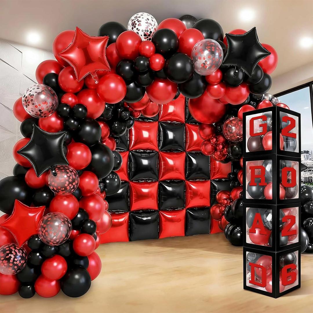 Seenelling Red Black 133 Pcs Graduation Decorations 2026 Set Red Black Balloons Boxes with Letters 2026 Grad Square Foil Balloons Complete Party Supplies for High School College Celebrations