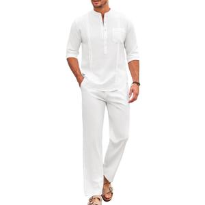 COOFANDY Men's 2 Piece Cotton Sets Casual Long Sleeve Cuban Henley Shirt and Loose Pants Set Beach Vacation Outfits (All White), S