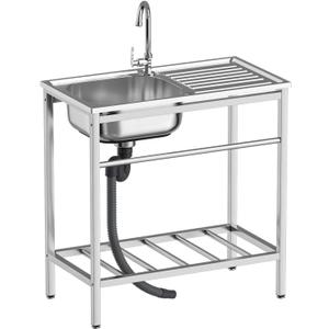 Free Standing Utility Sink, Outdoor Stainless Steel Laundry Tub, Portable Single Bowl Washing Hand Basin Station with Workbench, Fish Cleaning Table &Storage Shelves for Garage, Kitchen,Camping, 29.5*15.7*31.4in