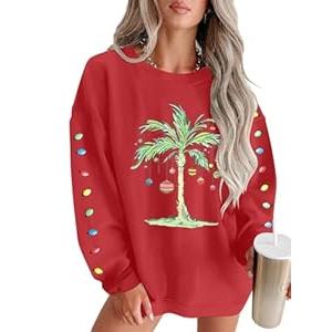 FAYALEQ Christmas Sweatshirt Women Christmas Tree Shirt Xmas Vacation Graphic Casual Long Sleeve Pullover Tops Blouse (Medium, Hot Pink-hoodies)