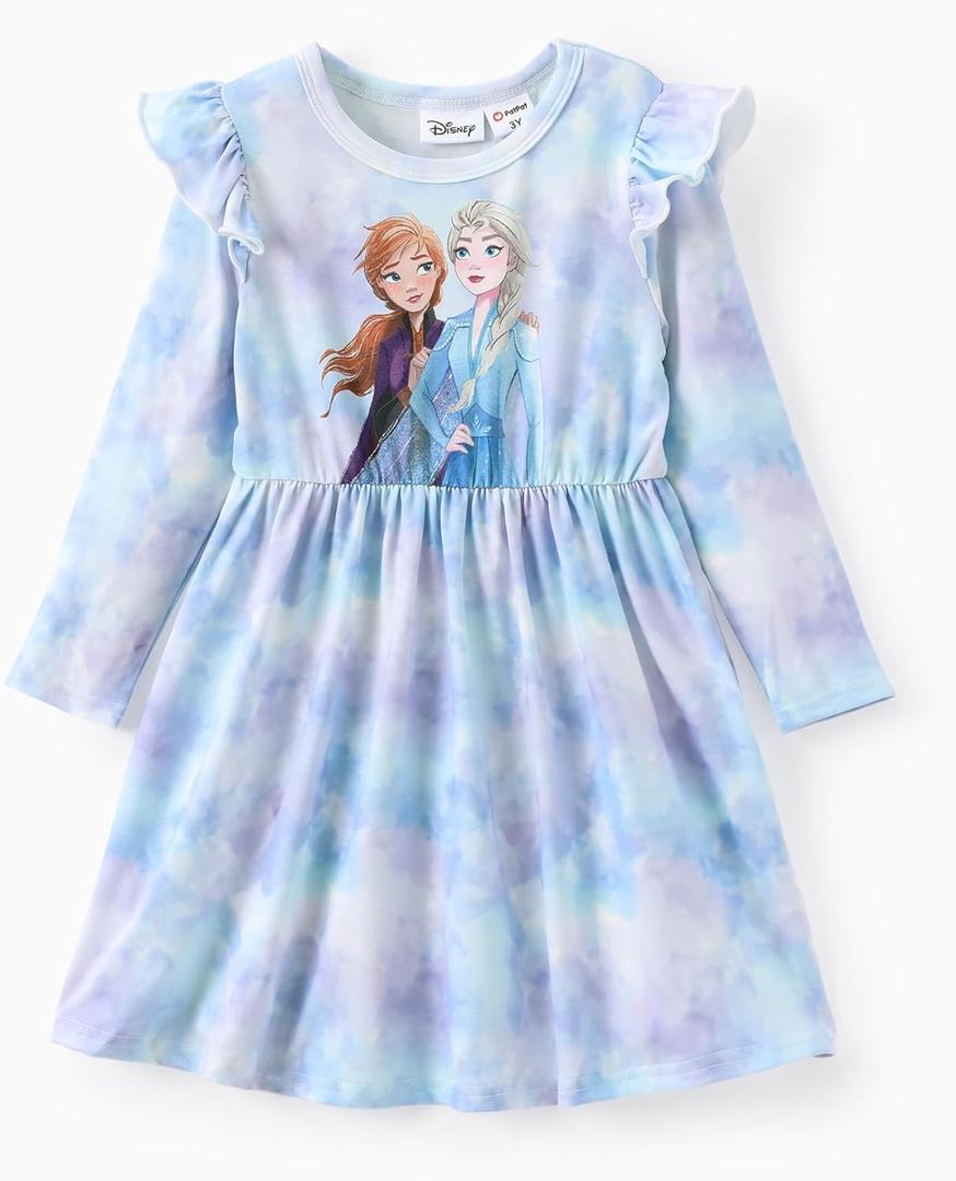 Disney Princess Frozen Elsa Minnie Mickey Stitch Ruffle Sleeve Dress A Line Long Sleeve Kids Clothes Baby to Toddler 3Y