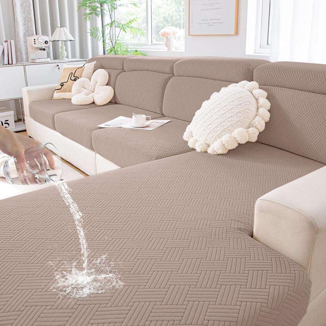 hyha Waterproof Couch Cushion Covers, Stretch Magic Sofa Seat Slipcover, Waterproof Sectional Couch/Sofa Cushion Covers for Pets Washable with Elastic Bottom(Medium, Camel)