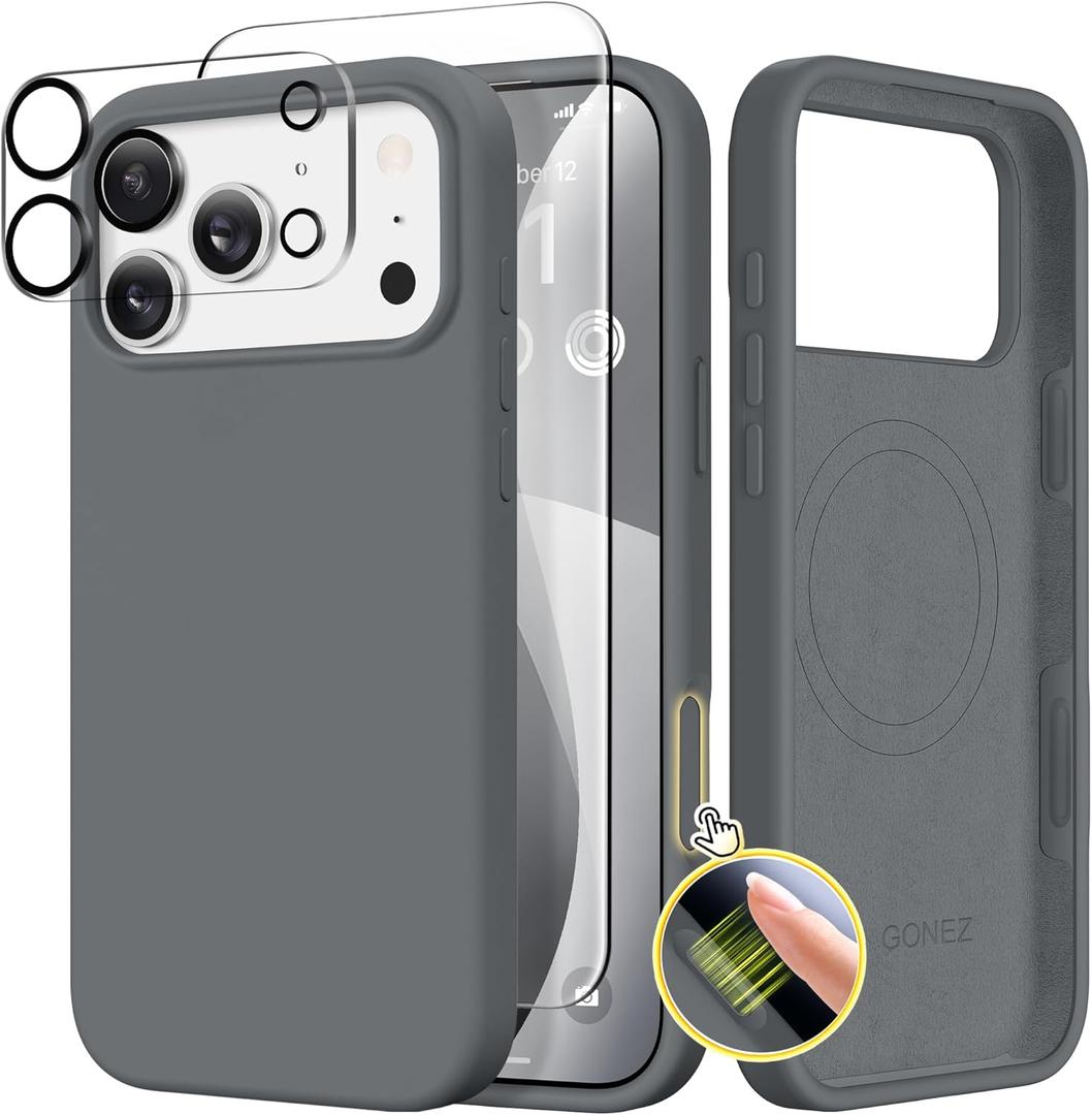 GONEZ Magnetic for iPhone 17 Pro Max Case, Compatible with MagSafe, [Screen Protector + Camera Lens Protector], Liquid Silicone Anti-Scratch Shockproof Protective Phone Case 6.9 inch, Dark Grey