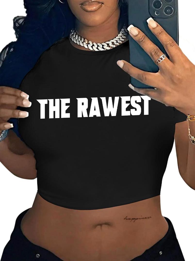 LovelyWholesale Women Graphic Crop Tops Letter Print Short Sleeve Tee Summer Sexy T Shirt Black The R Medium (Black, M)
