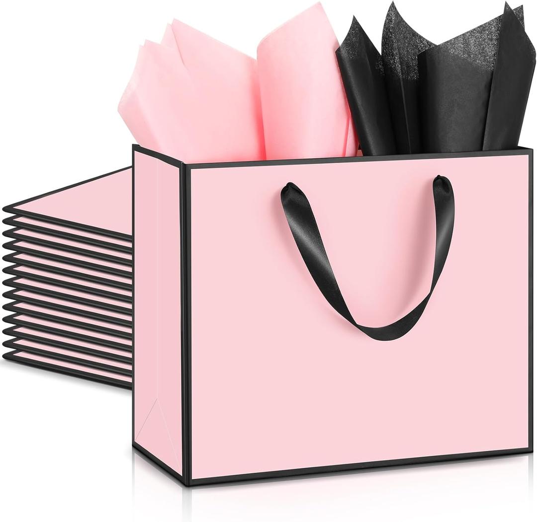 ReliThick 12 Pack Metallic Paper Gift Bag with Handles and Tissue Paper 11.8 x 10 x 4'' Thank You Favor Bag for Valentine's Day Wedding Bridesmaid Groomsman 5 Senses Gifts (Pink,Black)