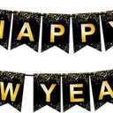 Fecedy Black Gold Happy New Year Banner for New year Party Decorations
